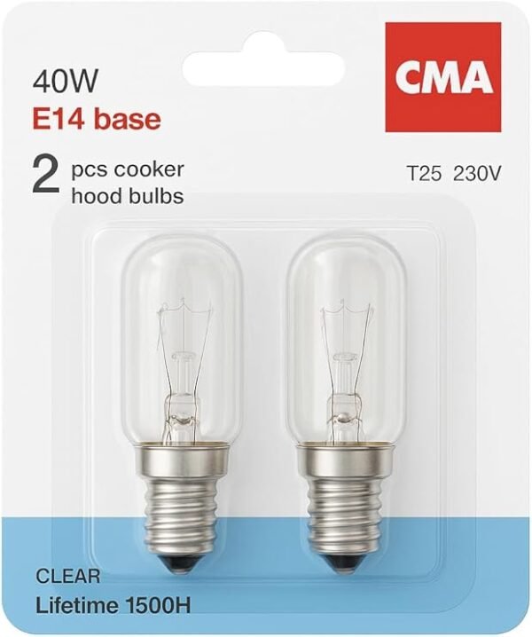 2 x 40W 240V Cooker Hood Light Bulbs 2700K-[E14 Replacement Universal Small Screw Cap]-T25 for Residential and Commercial Kitchen Lighting-Pack of 2