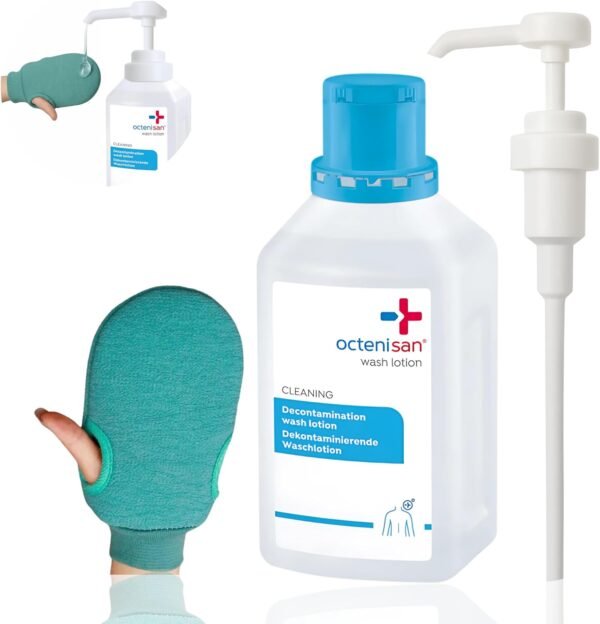 Complete Wash Kit – Octenisan Antimicrobial Wash 500ml with Holou Pump compactible with Octenisan & Microfibre Bath Mit – Antibacterial Body Wash for Gentle Cleansing – Sensitive Skin & Daily Hygiene