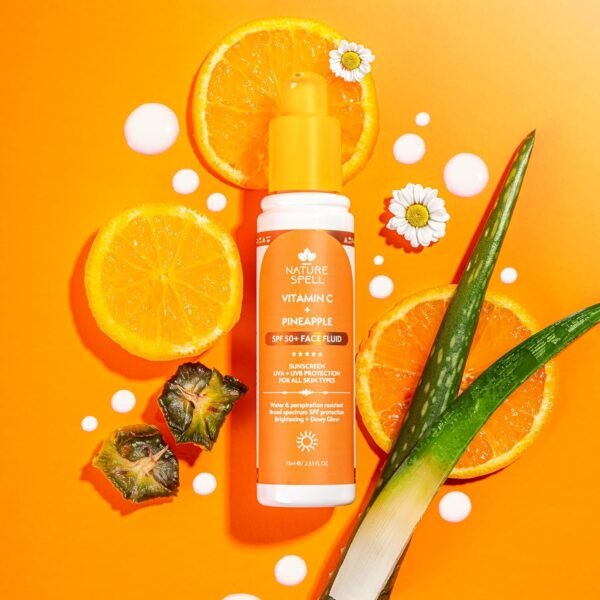 Nature Spell Vitamin C & SPF 50 Fluid Suncream, Brightens Skin & Protects from the Sun, Infused with Pineapple, Vegan, 75ml